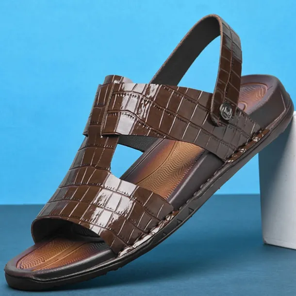 Men's Brown Crocodile Pattern Sandals with Adjustable Strap, Stylish Design for Casual, Outdoor and Summer Wear