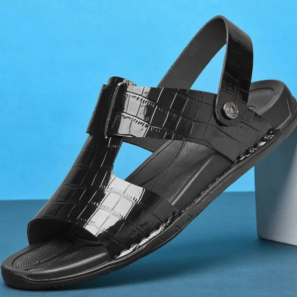 Men's Brown Crocodile Pattern Sandals with Adjustable Strap, Stylish Design for Casual, Outdoor and Summer Wear