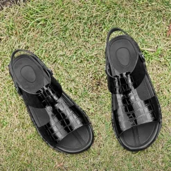 Men's Brown Crocodile Pattern Sandals with Adjustable Strap, Stylish Design for Casual, Outdoor and Summer Wear