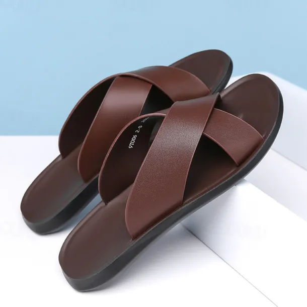 Men's Brown Cross-Strap Slip-On Sandals – Lightweight, Comfortable Design for Beach and Casual Summer Wear