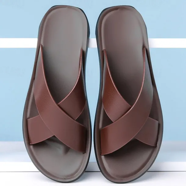 Men's Brown Cross-Strap Slip-On Sandals – Lightweight, Comfortable Design for Beach and Casual Summer Wear