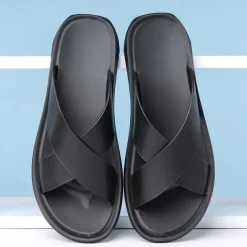 Men's Brown Cross-Strap Slip-On Sandals – Lightweight, Comfortable Design for Beach and Casual Summer Wear