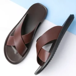 Men's Brown Cross-Strap Slip-On Sandals – Lightweight, Comfortable Design for Beach and Casual Summer Wear