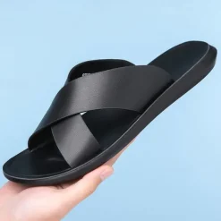 Men's Brown Cross-Strap Slip-On Sandals – Lightweight, Comfortable Design for Beach and Casual Summer Wear