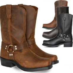 Men's Brown Distressed Faux Leather Motorcycle Boots - Classic Harness Style with Sturdy Construction for Biker and Casual Wear