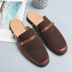 Men's Brown Faux Leather and Suede Slip-On Loafers – Stylish Casual Slip-on Shoes with Buckle Detail for Daily Wear, Work & Casual Occasions
