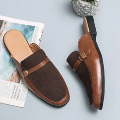 Men's Brown Faux Leather and Suede Slip-On Loafers – Stylish Casual Slip-on Shoes with Buckle Detail for Daily Wear, Work & Casual Occasions