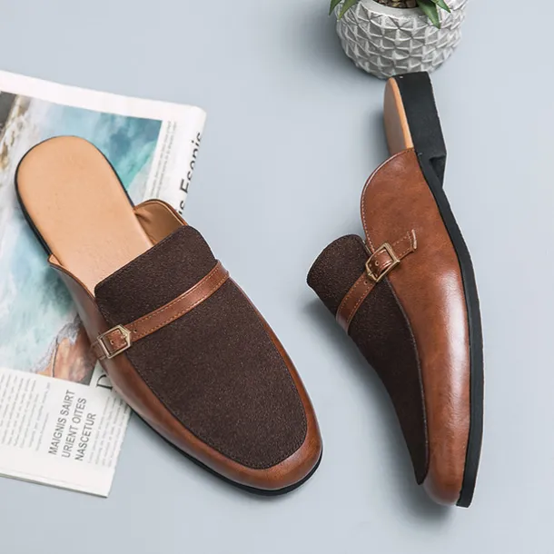 Men's Brown Faux Leather and Suede Slip-On Loafers – Stylish Casual Slip-on Shoes with Buckle Detail for Daily Wear, Work & Casual Occasions