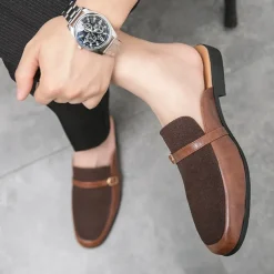 Men's Brown Faux Leather and Suede Slip-On Loafers – Stylish Casual Slip-on Shoes with Buckle Detail for Daily Wear, Work & Casual Occasions