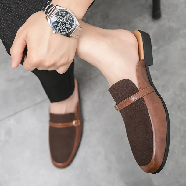 Men's Brown Faux Leather and Suede Slip-On Loafers – Stylish Casual Slip-on Shoes with Buckle Detail for Daily Wear, Work & Casual Occasions