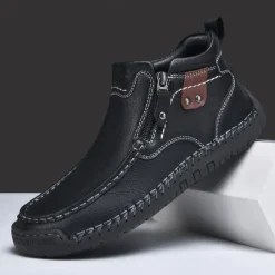 Men's Brown Faux Leather Ankle Boots with Side Zipper and Non-Slip Sole – Casual Outdoor Boots for Work, Travel, and Everyday Wear