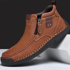 Men's Brown Faux Leather Ankle Boots with Side Zipper and Non-Slip Sole – Casual Outdoor Boots for Work, Travel, and Everyday Wear