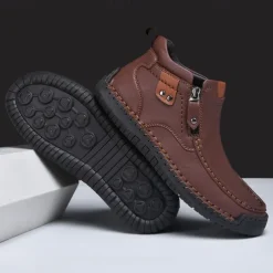 Men's Brown Faux Leather Ankle Boots with Side Zipper and Non-Slip Sole – Casual Outdoor Boots for Work, Travel, and Everyday Wear