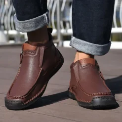 Men's Brown Faux Leather Ankle Boots with Side Zipper and Non-Slip Sole – Casual Outdoor Boots for Work, Travel, and Everyday Wear