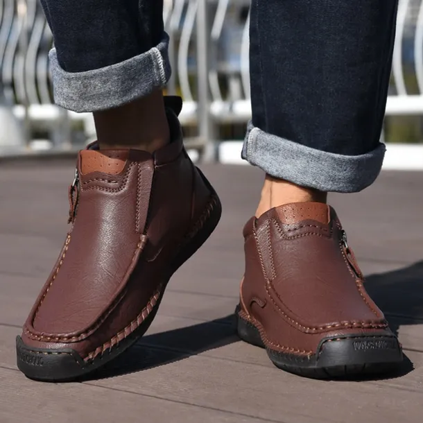 Men's Brown Faux Leather Ankle Boots with Side Zipper and Non-Slip Sole – Casual Outdoor Boots for Work, Travel, and Everyday Wear