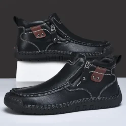 Men's Brown Faux Leather Ankle Boots with Side Zipper and Non-Slip Sole – Casual Outdoor Boots for Work, Travel, and Everyday Wear