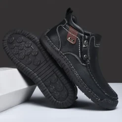 Men's Brown Faux Leather Ankle Boots with Side Zipper and Non-Slip Sole – Casual Outdoor Boots for Work, Travel, and Everyday Wear