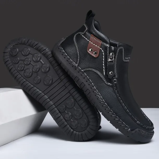 Men's Brown Faux Leather Ankle Boots with Side Zipper and Non-Slip Sole – Casual Outdoor Boots for Work, Travel, and Everyday Wear