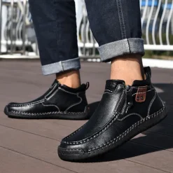 Men's Brown Faux Leather Ankle Boots with Side Zipper and Non-Slip Sole – Casual Outdoor Boots for Work, Travel, and Everyday Wear