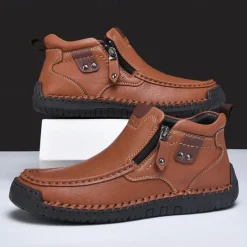 Men's Brown Faux Leather Ankle Boots with Side Zipper and Non-Slip Sole – Casual Outdoor Boots for Work, Travel, and Everyday Wear