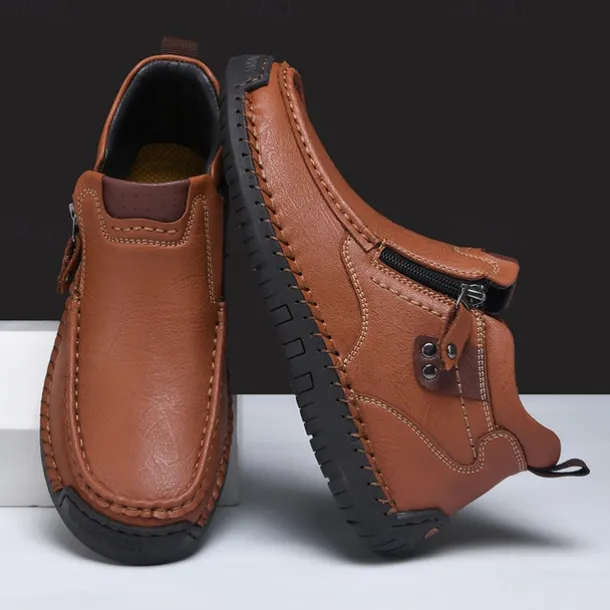 Men's Brown Faux Leather Ankle Boots with Side Zipper and Non-Slip Sole – Casual Outdoor Boots for Work, Travel, and Everyday Wear