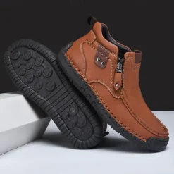 Men's Brown Faux Leather Ankle Boots with Side Zipper and Non-Slip Sole – Casual Outdoor Boots for Work, Travel, and Everyday Wear