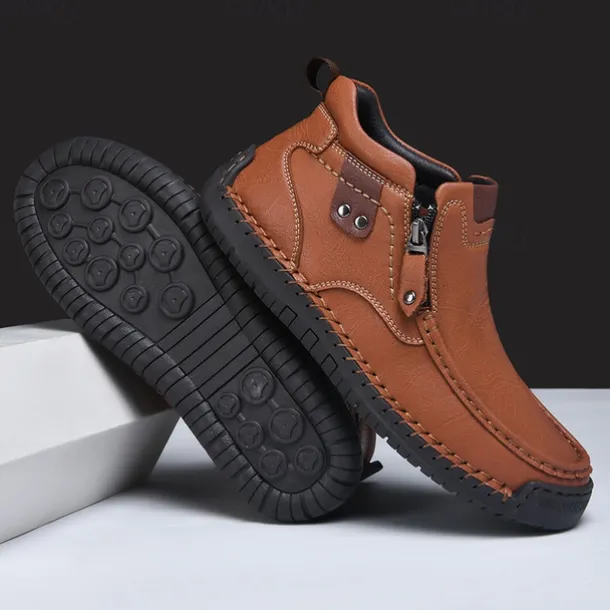 Men's Brown Faux Leather Ankle Boots with Side Zipper and Non-Slip Sole – Casual Outdoor Boots for Work, Travel, and Everyday Wear