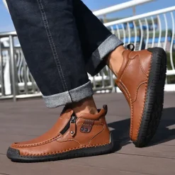 Men's Brown Faux Leather Ankle Boots with Side Zipper and Non-Slip Sole – Casual Outdoor Boots for Work, Travel, and Everyday Wear