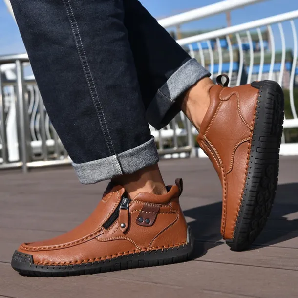 Men's Brown Faux Leather Ankle Boots with Side Zipper and Non-Slip Sole – Casual Outdoor Boots for Work, Travel, and Everyday Wear