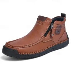 Men's Brown Faux Leather Ankle Boots with Side Zipper and Non-Slip Sole – Casual Outdoor Boots for Work, Travel, and Everyday Wear