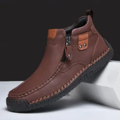 Men's Brown Faux Leather Ankle Boots with Side Zipper and Non-Slip Sole – Casual Outdoor Boots for Work, Travel, and Everyday Wear