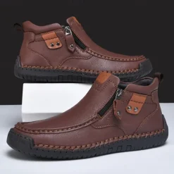 Men's Brown Faux Leather Ankle Boots with Side Zipper and Non-Slip Sole – Casual Outdoor Boots for Work, Travel, and Everyday Wear