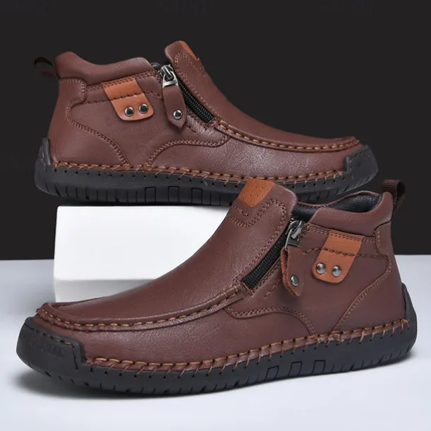 Men's Brown Faux Leather Ankle Boots with Side Zipper and Non-Slip Sole – Casual Outdoor Boots for Work, Travel, and Everyday Wear