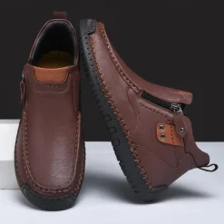 Men's Brown Faux Leather Ankle Boots with Side Zipper and Non-Slip Sole – Casual Outdoor Boots for Work, Travel, and Everyday Wear