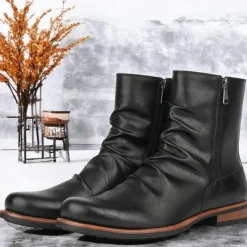 Men's Brown Faux Leather Ankle Boots with Side Zipper and Wrinkled Design – Stylish Casual Boots for Fall and Winter