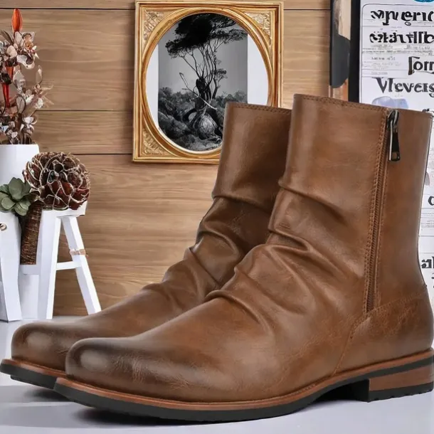 Men's Brown Faux Leather Ankle Boots with Side Zipper and Wrinkled Design – Stylish Casual Boots for Fall and Winter