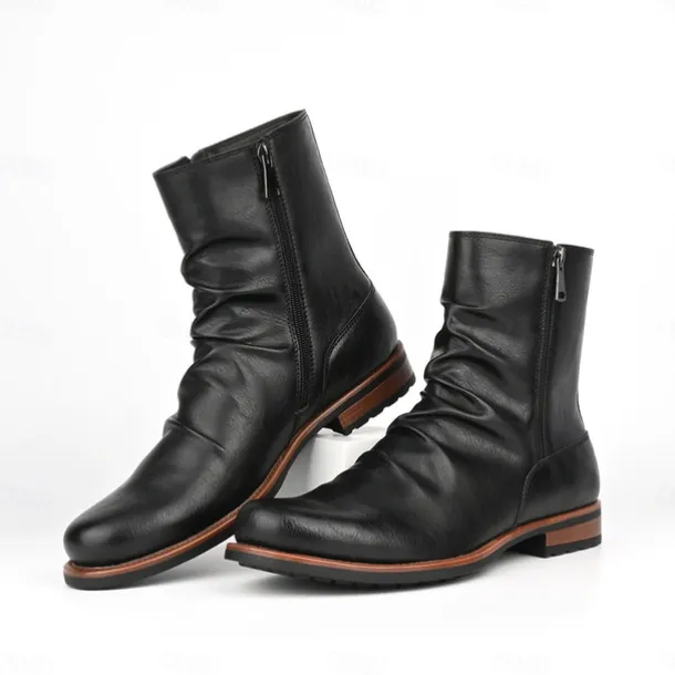 Men's Brown Faux Leather Ankle Boots with Side Zipper and Wrinkled Design – Stylish Casual Boots for Fall and Winter