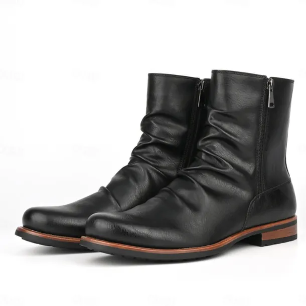 Men's Brown Faux Leather Ankle Boots with Side Zipper and Wrinkled Design – Stylish Casual Boots for Fall and Winter