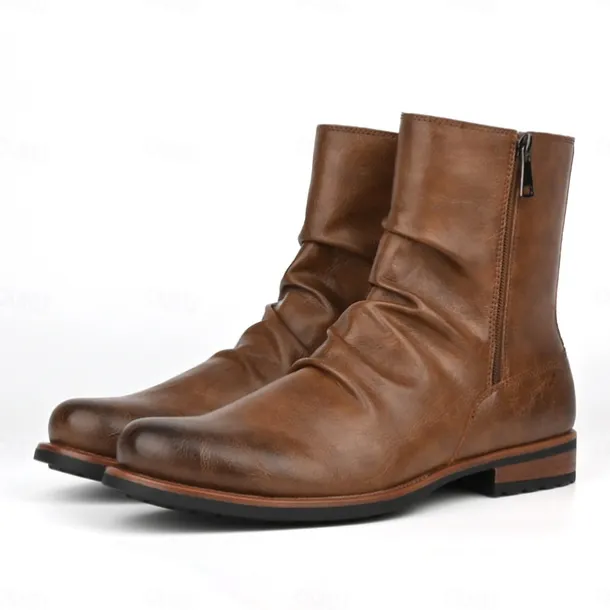 Men's Brown Faux Leather Ankle Boots with Side Zipper and Wrinkled Design – Stylish Casual Boots for Fall and Winter