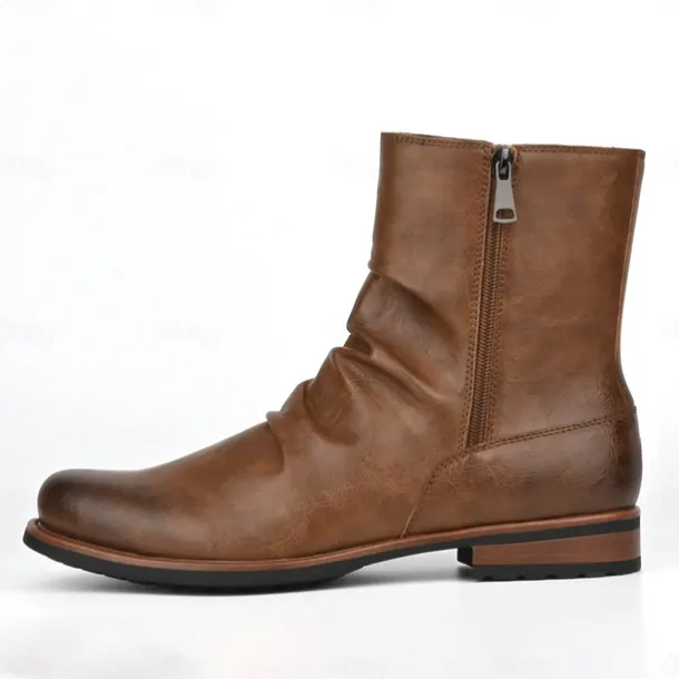 Men's Brown Faux Leather Ankle Boots with Side Zipper and Wrinkled Design – Stylish Casual Boots for Fall and Winter