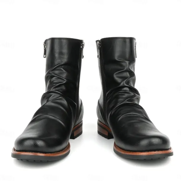 Men's Brown Faux Leather Ankle Boots with Side Zipper and Wrinkled Design – Stylish Casual Boots for Fall and Winter