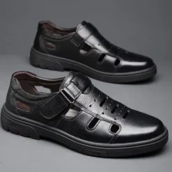 Men's Brown Faux Leather Breathable Fisherman Sandals – Velcro Strap, Casual Closed-Toe Design, Comfortable Summer Footwear for Outdoors and Daily Wear