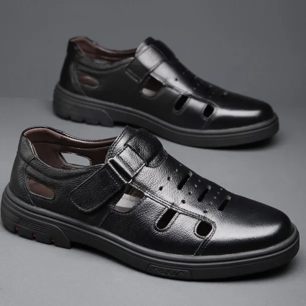 Men's Brown Faux Leather Breathable Fisherman Sandals – Velcro Strap, Casual Closed-Toe Design, Comfortable Summer Footwear for Outdoors and Daily Wear