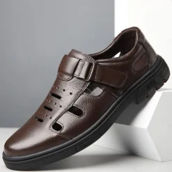 Men's Brown Faux Leather Breathable Fisherman Sandals – Velcro Strap, Casual Closed-Toe Design, Comfortable Summer Footwear for Outdoors and Daily Wear