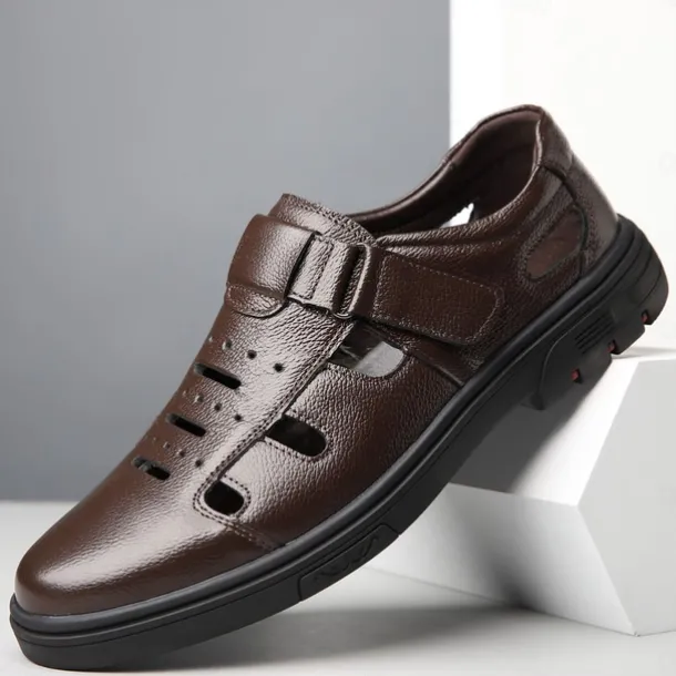 Men's Brown Faux Leather Breathable Fisherman Sandals – Velcro Strap, Casual Closed-Toe Design, Comfortable Summer Footwear for Outdoors and Daily Wear