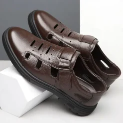 Men's Brown Faux Leather Breathable Fisherman Sandals – Velcro Strap, Casual Closed-Toe Design, Comfortable Summer Footwear for Outdoors and Daily Wear