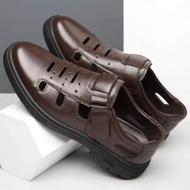 Men's Brown Faux Leather Breathable Fisherman Sandals – Velcro Strap, Casual Closed-Toe Design, Comfortable Summer Footwear for Outdoors and Daily Wear