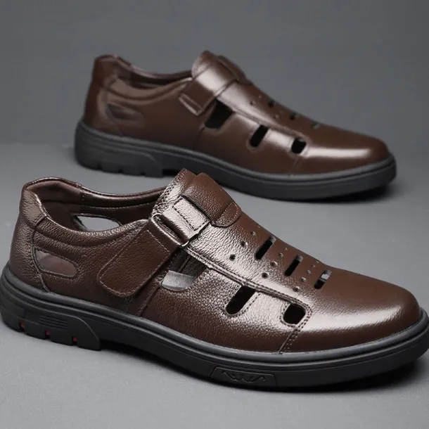 Men's Brown Faux Leather Breathable Fisherman Sandals – Velcro Strap, Casual Closed-Toe Design, Comfortable Summer Footwear for Outdoors and Daily Wear