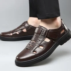 Men's Brown Faux Leather Breathable Fisherman Sandals – Velcro Strap, Casual Closed-Toe Design, Comfortable Summer Footwear for Outdoors and Daily Wear