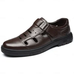 Men's Brown Faux Leather Breathable Fisherman Sandals – Velcro Strap, Casual Closed-Toe Design, Comfortable Summer Footwear for Outdoors and Daily Wear